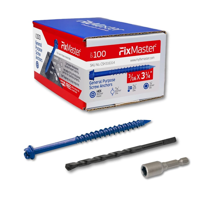 FixMaster 3/16 x 3-1/4" Hex Head Blue Concrete Screw Anchors (100 pcs Screw Kit) with one Screwdriver and Drill Bit for Concrete, Masonry, Block, Brick and Wood Fastening - Image 1